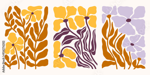 Autumn flowers vector illustrations set. Fall florals compositions. Botanical prints in matisse style