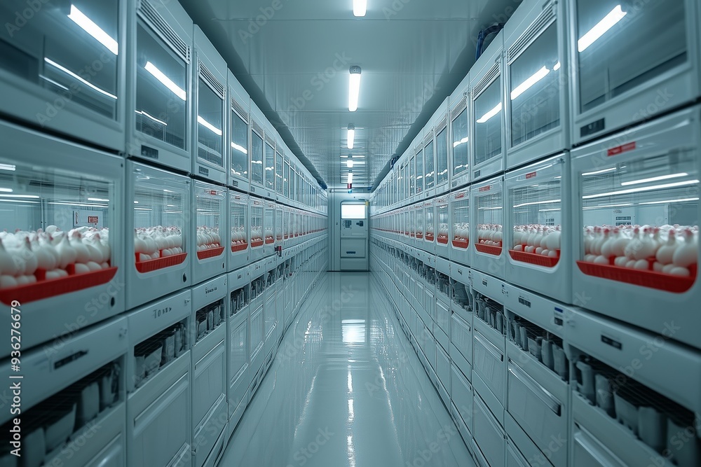 Obraz premium Interior view of a modern incubation facility with rows of eggs in trays