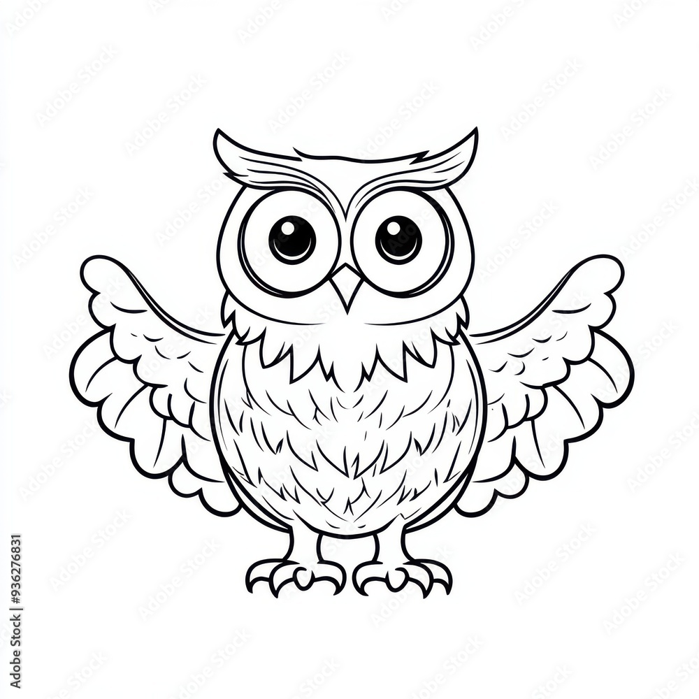 Outline illustration of a black and white owl for drawing and coloring on white background Outline illustration of a black and white owl for drawing and coloring on white background
