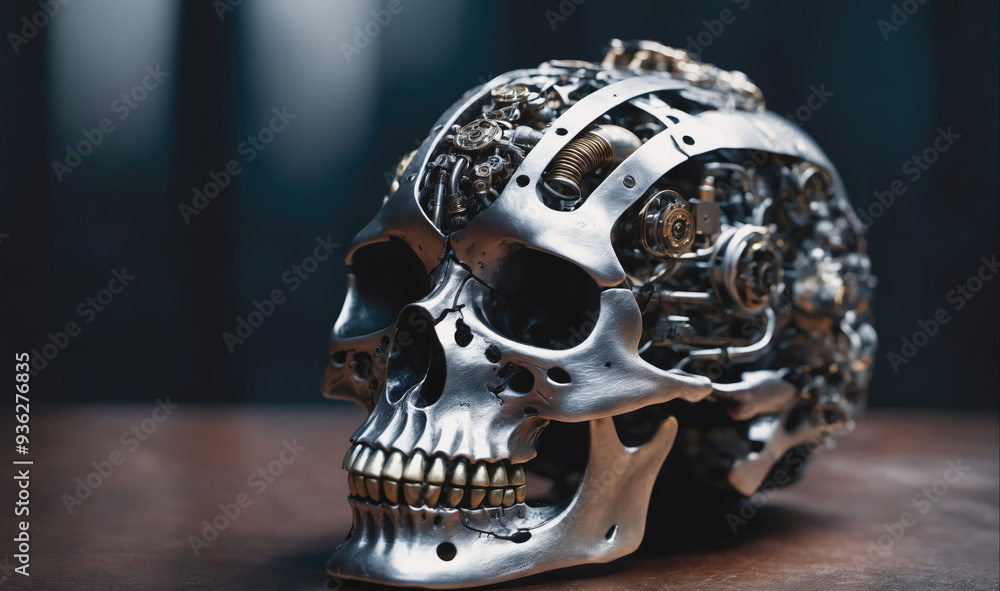 A silver skull with intricate gears and machinery inside rests on a wooden surface A silver skull with intricate gears and machinery inside rests on a wooden surface