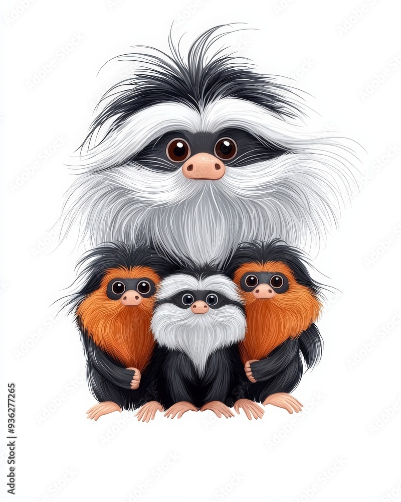 Fototapeta premium A charming illustration of a family of playful, furry creatures with expressive eyes and fluffy fur.