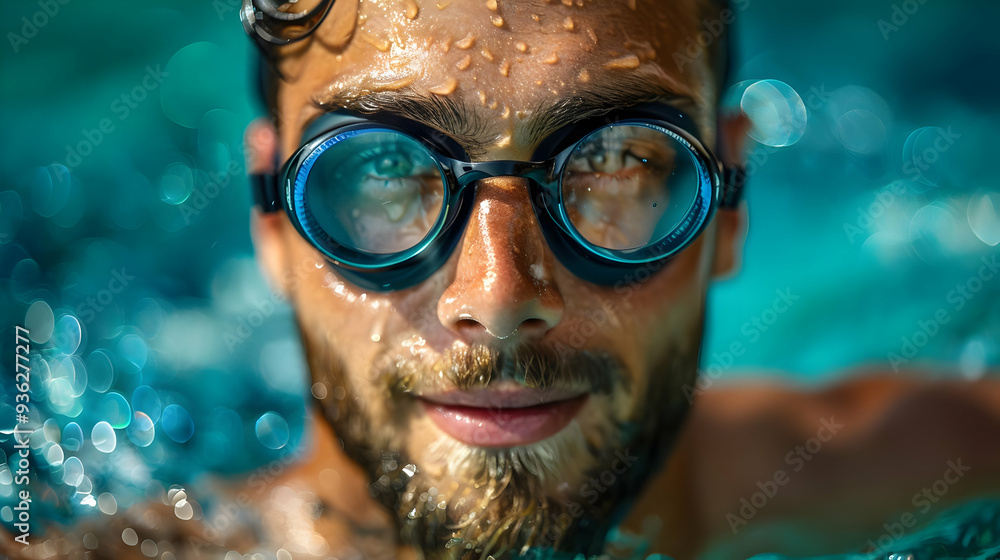 Fototapeta premium Man Wearing Swimming Goggles Underwater, Enjoying Copy Space