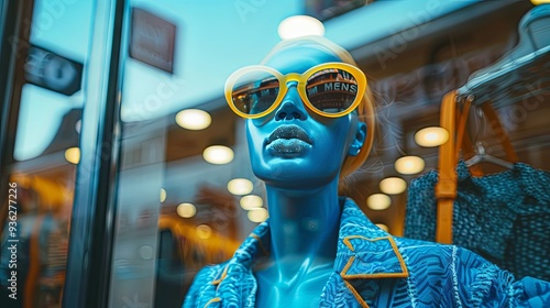 Mannequin dressed in blue demi season clothes and yellow sunglasses Display with empty space photo