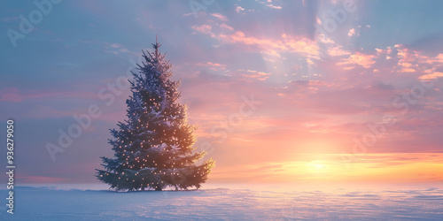 Snow-covered Christmas tree lit by sunrise in a winter landscape