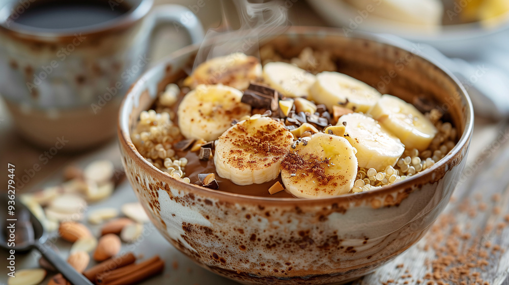 a warm quinoa breakfast bowl, featuring almond butter, sliced bananas, cacao nibs, and a sprinkle of cinnamon, served in a rustic bowl with a steaming cup of coffee nearby a warm quinoa breakfast bowl, featuring almond butter, sliced bananas, cacao nibs, and a sprinkle of cinnamon, served in a rustic bowl with a steaming cup of coffee nearby