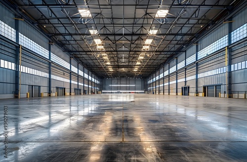 Empty Industrial Warehouse with Concrete Floor and Steel Structure.