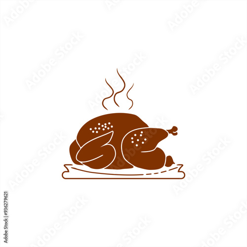 line art and silhouette illustration of hot roast turkey on a plate for icon or logo