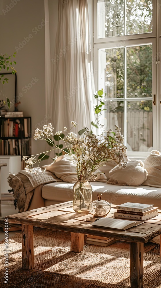 Neutral Scandinavian Living Room Design with Flowers Books and Wooden Table Neutral Scandinavian Living Room Design with Flowers Books and Wooden Table