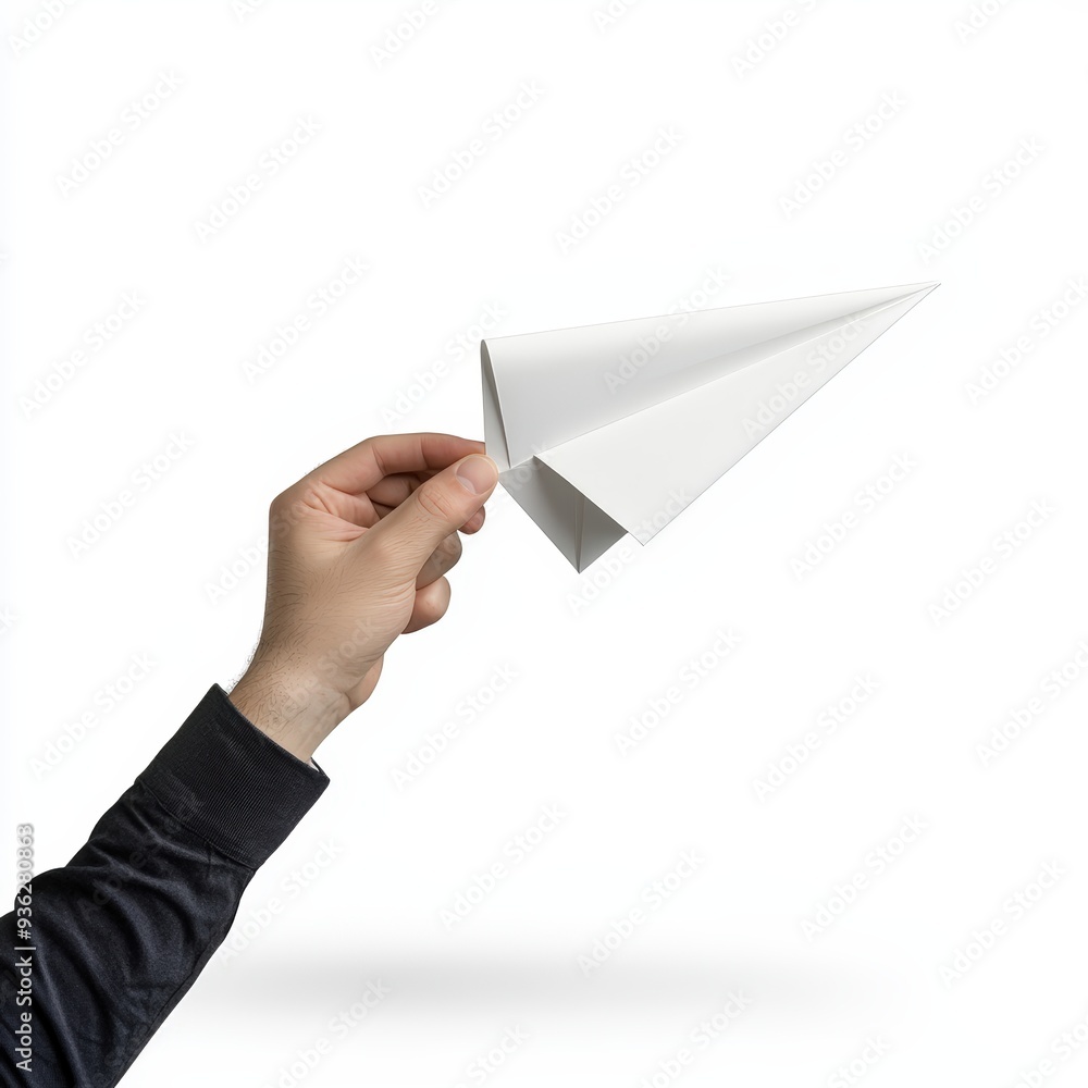 A hand holding a white paper airplane, symbolizing creativity, childhood, and imaginative play in a minimalistic setting. A hand holding a white paper airplane, symbolizing creativity, childhood, and imaginative play in a minimalistic setting.
