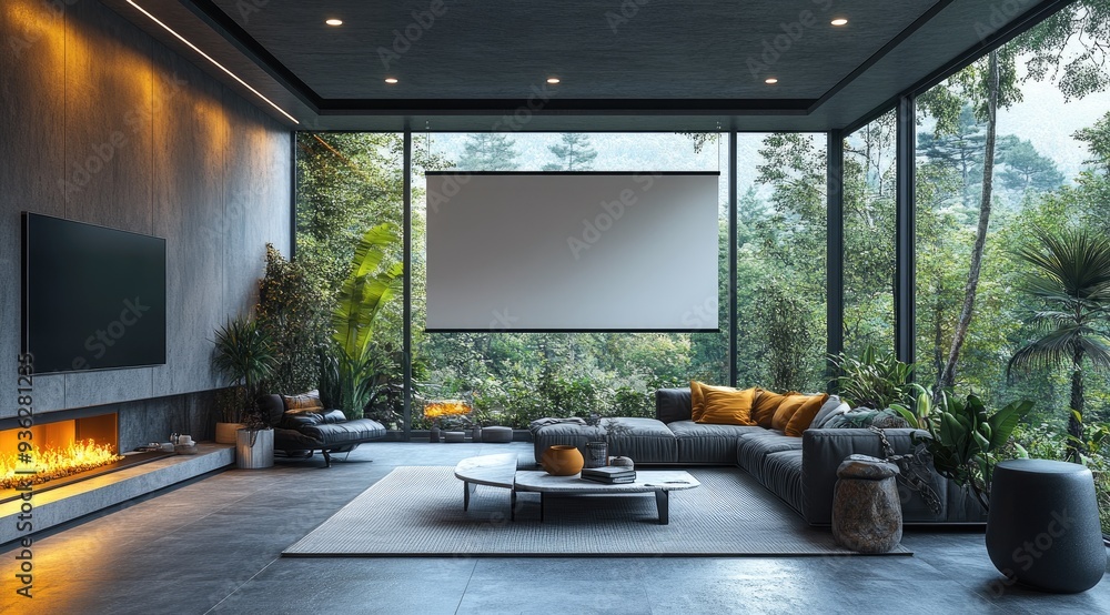 Modern living room with a large window overlooking a lush forest Modern living room with a large window overlooking a lush forest