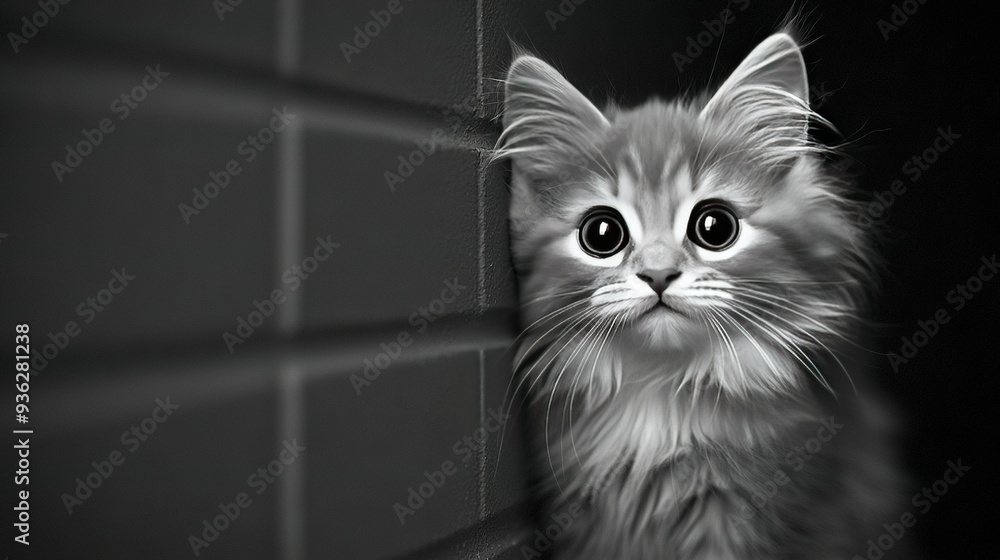 B&W photo of a kitten peeking out of a wall corner, eyes wide open ...