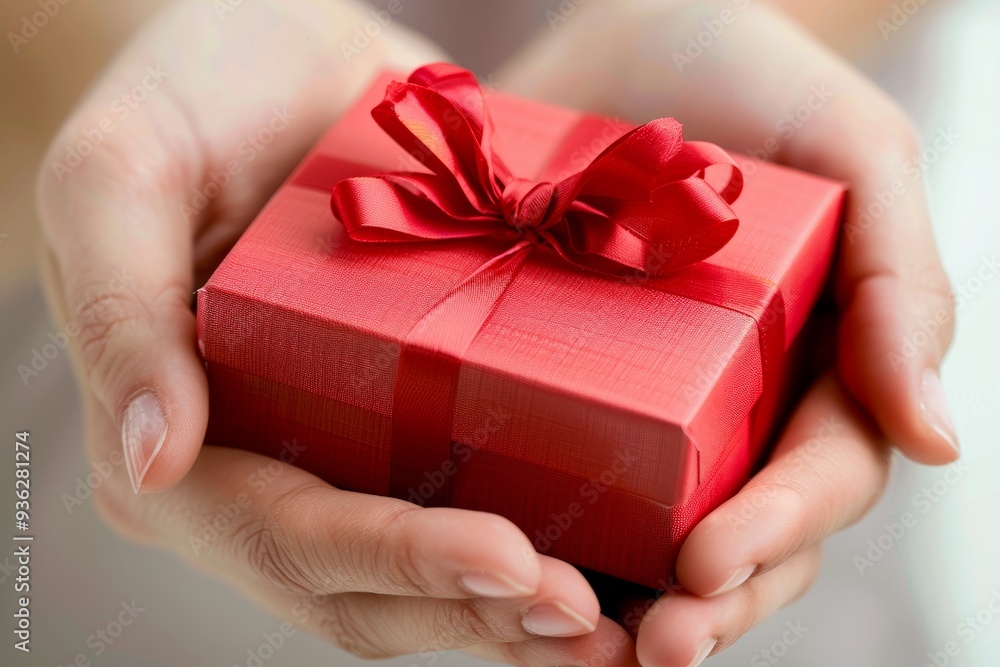 Womans Hands Present a Red Gift Box with Ribbon, Expressing Love, Giving, and Celebration Womans Hands Present a Red Gift Box with Ribbon, Expressing Love, Giving, and Celebration