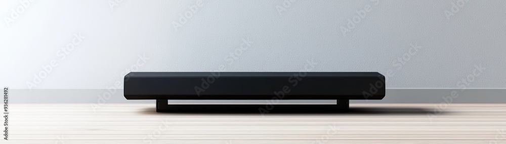 Obraz premium A minimalist black platform on a wooden floor against a light gray wall, perfect for modern interior design.