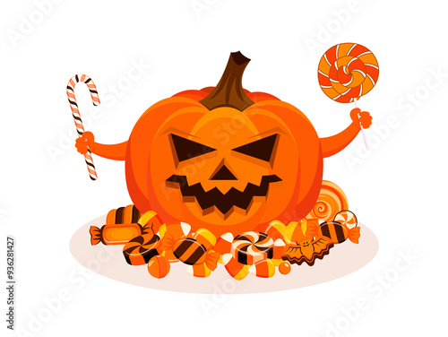 Scary halloween pumpkin holding a lollipop in her hands illustration. Spooky halloween pumpkin with a pile of candy icon on a white background. Grinning halloween pumpkin and sweets drawing