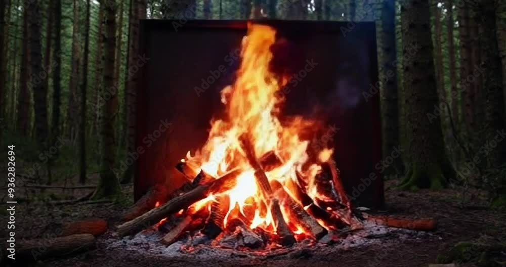Large campfire in a dense forest during evening hours providing warmth and ambiance for outdoor gatherings Large campfire in a dense forest during evening hours providing warmth and ambiance for outdoor gatherings