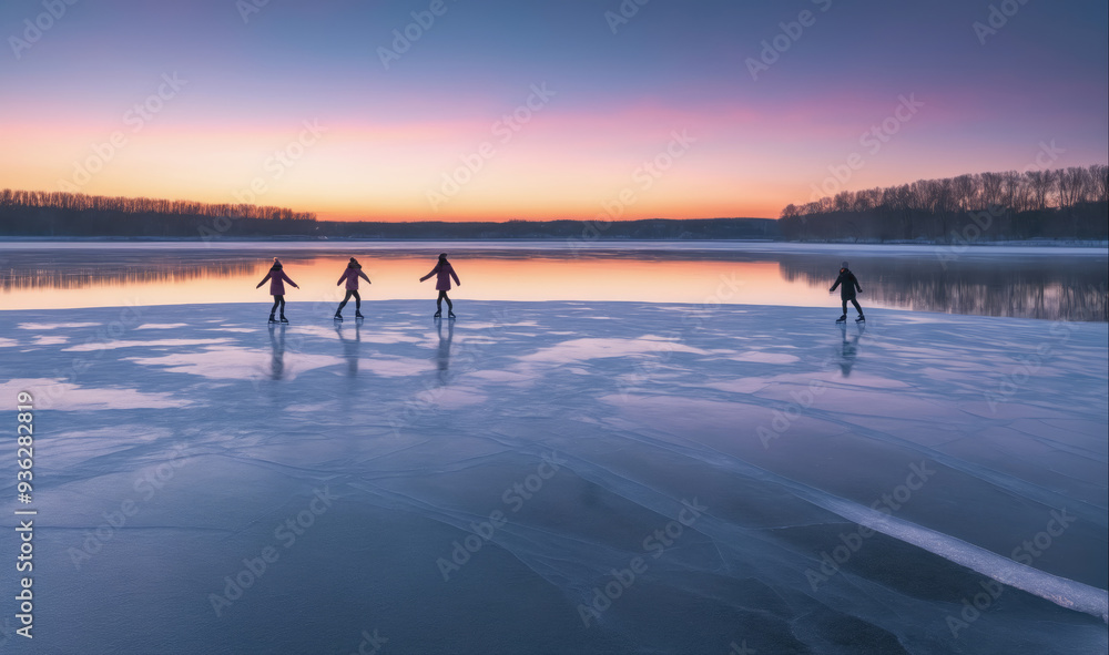 Four people ice skate on a frozen lake during a vibrant sunset Four people ice skate on a frozen lake during a vibrant sunset