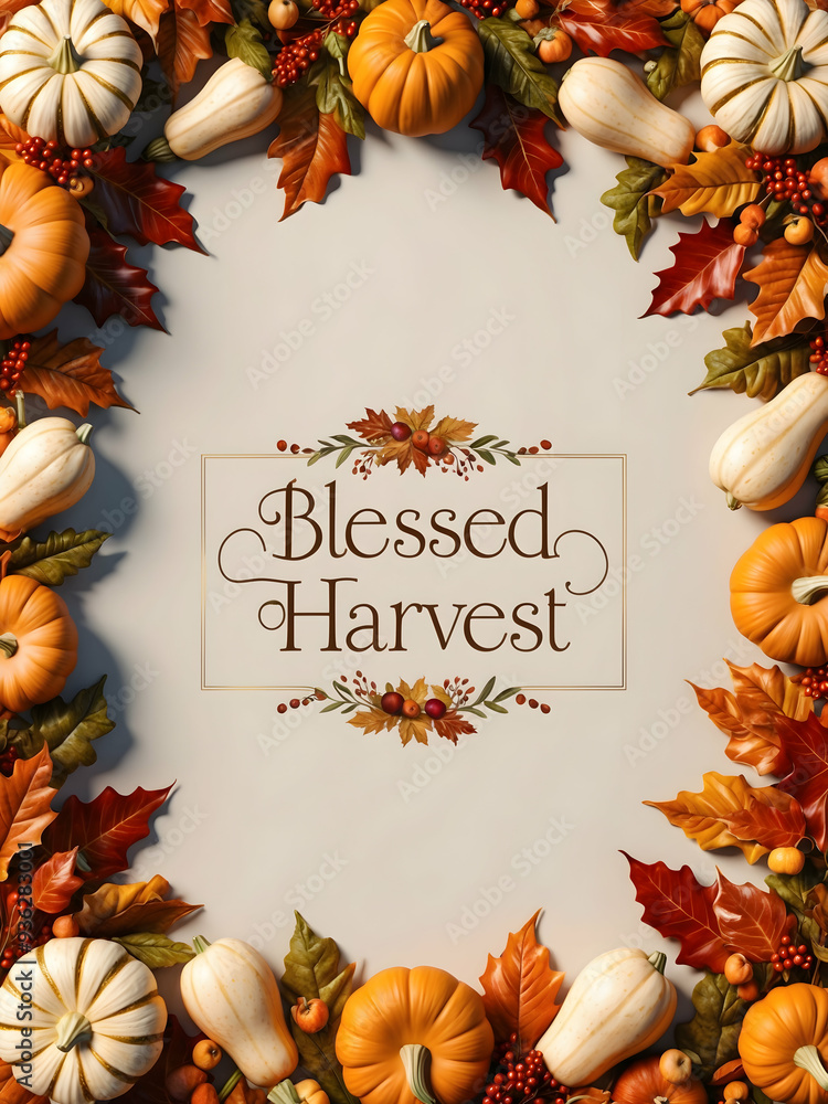 Photo Realistic Autumn Garland Border with Squash Blessed Harvest Thanksgiving Frame Design with Space for TextIllustrations in Warm, Festive Colors Photo Realistic Autumn Garland Border with Squash Blessed Harvest Thanksgiving Frame Design with Space for TextIllustrations in Warm, Festive Colors