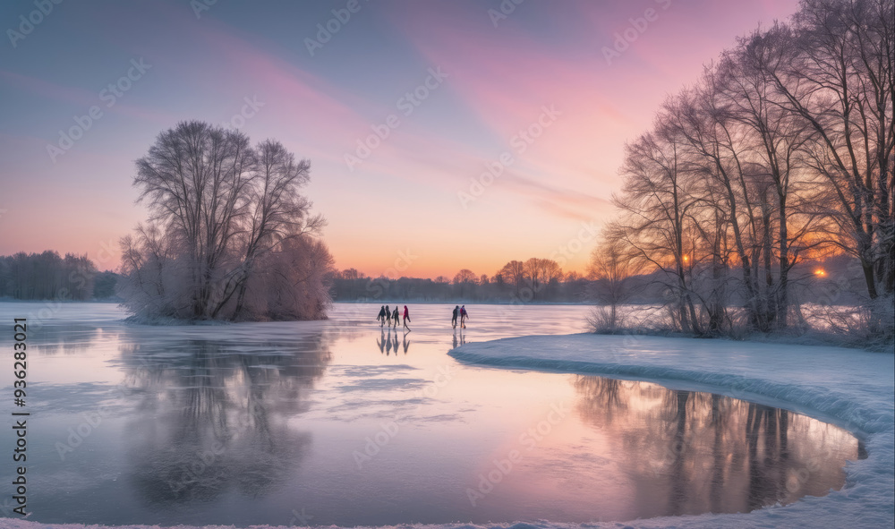 A group of people walk across a frozen lake during a sunrise in the winter A group of people walk across a frozen lake during a sunrise in the winter