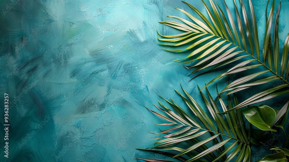 Fototapeta premium Palm leaf on green blue background with space for text