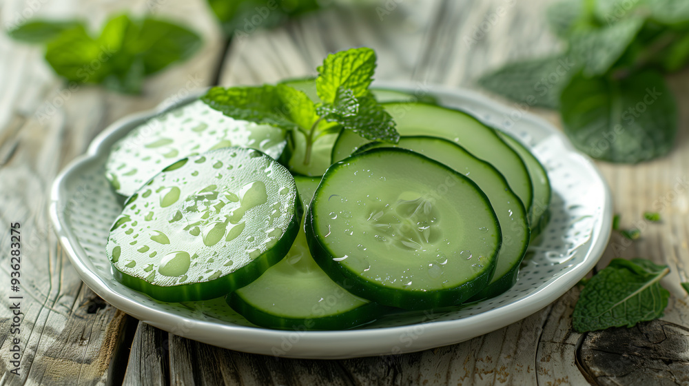 freshly sliced cucumber rounds arranged on a white plate, with droplets of water highlighting their freshness, set on a rustic wooden table with a sprig of mint freshly sliced cucumber rounds arranged on a white plate, with droplets of water highlighting their freshness, set on a rustic wooden table with a sprig of mint