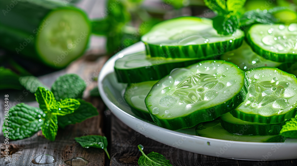 freshly sliced cucumber rounds arranged on a white plate, with droplets of water highlighting their freshness, set on a rustic wooden table with a sprig of mint freshly sliced cucumber rounds arranged on a white plate, with droplets of water highlighting their freshness, set on a rustic wooden table with a sprig of mint