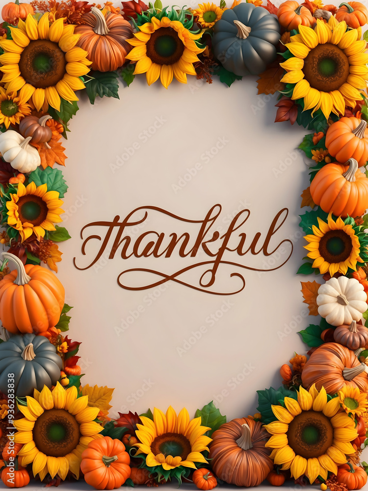 Fototapeta premium Photo Realistic Autumn Harvest Border with Sunflowers and Thankful Wording Fall Season Illustration for Invitations, Greeting Cards, and Social Media Posts