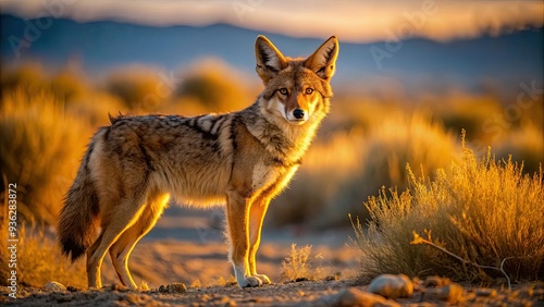 A lone coyote stands poised in the vast, arid desert landscape, its tawny fur and piercing gaze blending seamlessly into the golden evening light. photo