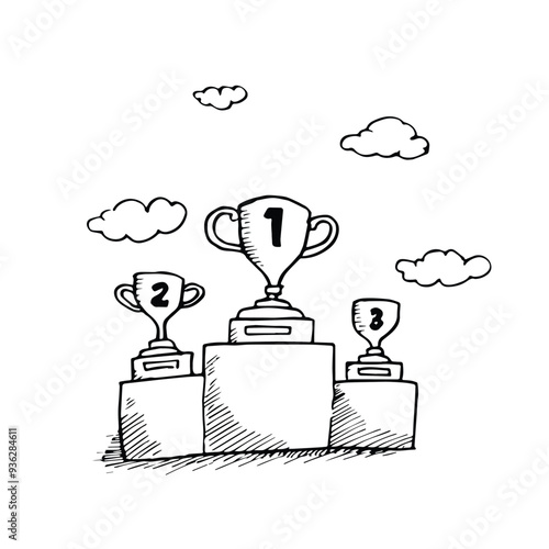 Set of awards in doodle style. Hand drawn winner cups and medals vector illustration
