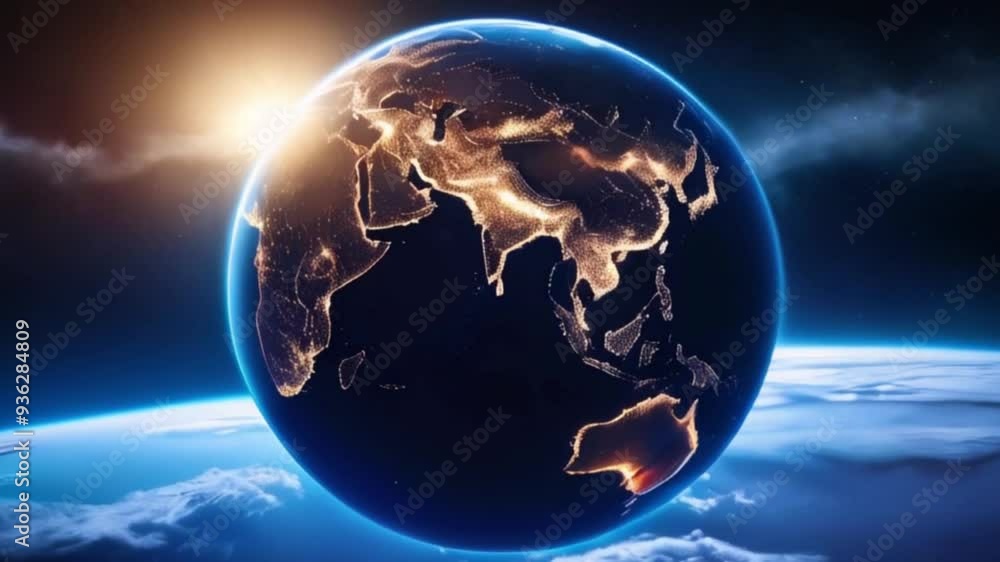 Panoramic view of planet Earth globe from space. Glowing city lights, light clouds with rising sun, day and night side created with generative ai Panoramic view of planet Earth globe from space. Glowing city lights, light clouds with rising sun, day and night side created with generative ai
