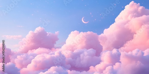 Cosmic scene with fluffy pink clouds, twinkling stars, and a glowing moon, creating a dreamy and celestial atmosphere