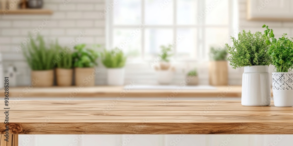 Elegant wooden kitchen counter with a brown wood texture, providing ample space for displaying objects or creating a montage, with a softly blurred background Elegant wooden kitchen counter with a brown wood texture, providing ample space for displaying objects or creating a montage, with a softly blurred background