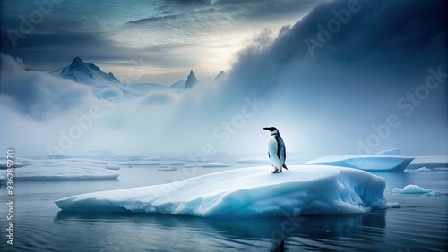 A lonely penguin stands alone on a remote Antarctic iceberg, surrounded by vast expanses of frozen sea and eerie mist, conveying a sense of solitude. photo