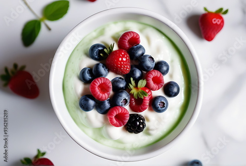 green bowl greek yogurt fresh berries viewed white background photo