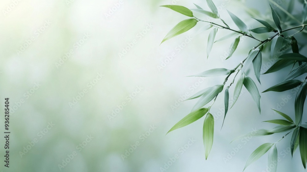 Minimalist Illustration of Serene Bamboo Leaves Swaying in the Breeze Against an Abstract Background, with Empty Space on the Side Minimalist Illustration of Serene Bamboo Leaves Swaying in the Breeze Against an Abstract Background, with Empty Space on the Side