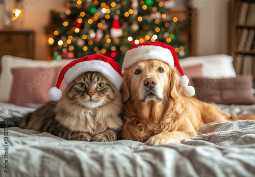 Gato fofo e cachorro golden retriever usando um chapéu de Papai Noel, sentados juntos em uma cama em casa com uma árvore de Natal ao fundo. photo