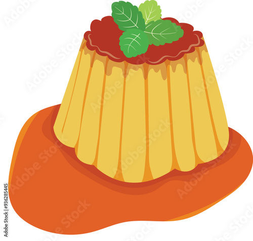 Custard Pudding with Caramel Sauce and Mint Leaf Illustration Isolated on White Background