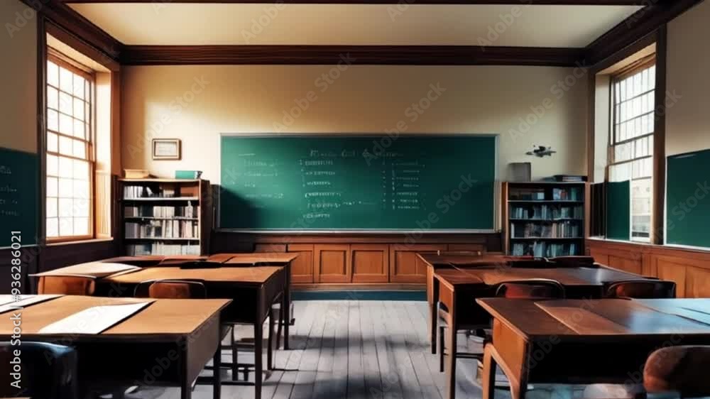 Empty Classroom. Back to school concept in high school. Classroom Interior Vintage Wooden Lecture Wooden Chairs and Desks. Studying lessons in secondary education created with generative ai Empty Classroom. Back to school concept in high school. Classroom Interior Vintage Wooden Lecture Wooden Chairs and Desks. Studying lessons in secondary education created with generative ai