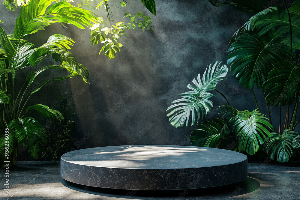 A round stone platform with a large leafy plant on it A round stone platform with a large leafy plant on it