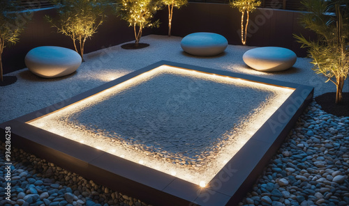 A square, stone platform with a glowing perimeter of lights is in a zen garden