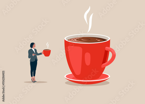 Businesswoman takes a coffee break after complex and tense work. Flat vector illustration