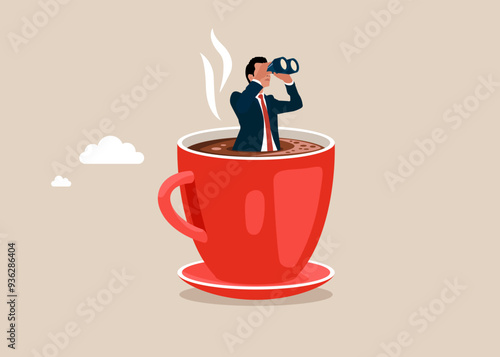 Wallpaper Mural Businessman stands in a cup of coffee and using binoculars to see business vision. Creative idea for coffee time. Flat vector illustration Torontodigital.ca