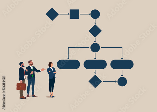 Businesswoman present workflow and procedure in meeting. Modern vector illustration in flat style.