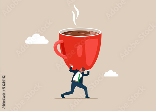 Businessman barista with a huge cup of aromatic coffee. Takes a coffee break after complex and tense work. Flat vector illustration