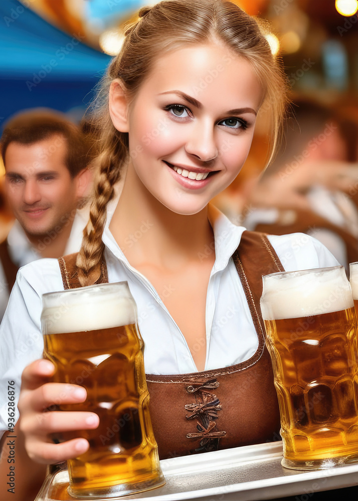 Festive beers. Portrait a waitress serving multiple beer steins on a tray at Oktoberfest. Festive beers. Portrait a waitress serving multiple beer steins on a tray at Oktoberfest.