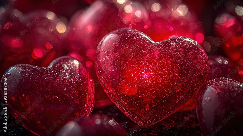 A collection of vibrant red hearts arranged in a row on top of a cluster of sparkling glass heart-shaped ornaments A collection of vibrant red hearts arranged in a row on top of a cluster of sparkling glass heart-shaped ornaments