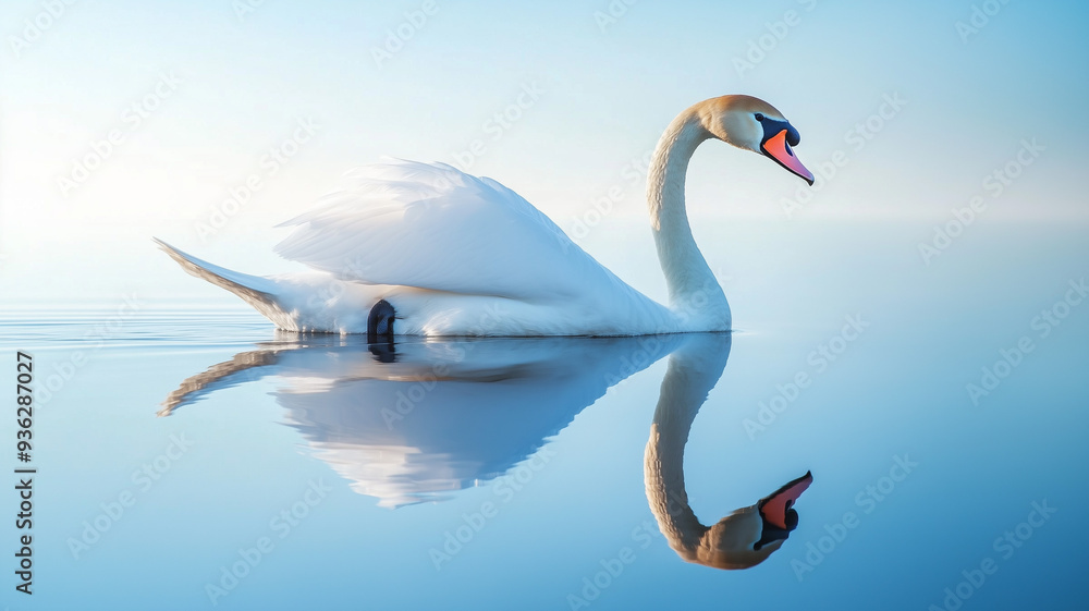 Fototapeta premium A majestic white swan gliding gracefully across the calm water, its reflection mirrored perfectly. Ai generated