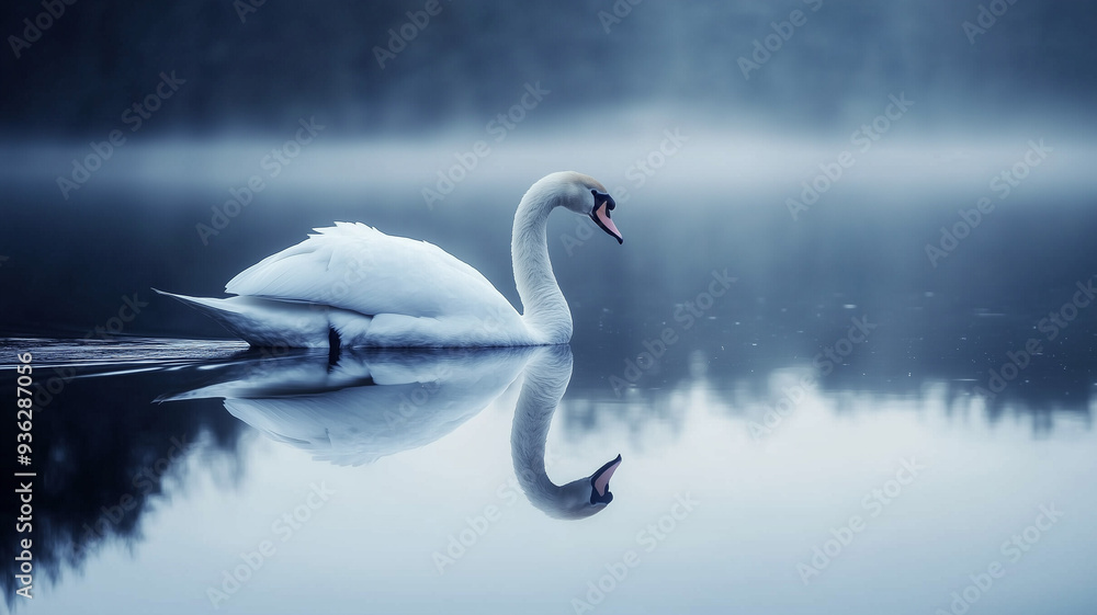 Obraz premium A majestic white swan gliding gracefully across the calm water, its reflection mirrored perfectly. Ai generated