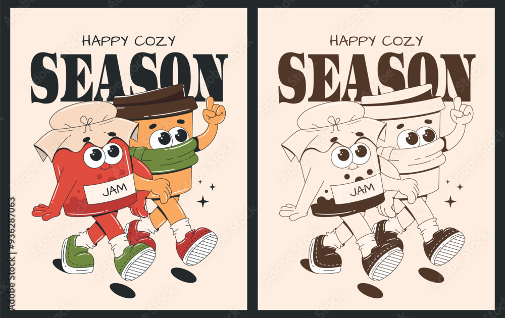 Retro cartoon posters with coffee cup and jam jar characters. Autumn vector illustration in 70s style Retro cartoon posters with coffee cup and jam jar characters. Autumn vector illustration in 70s style