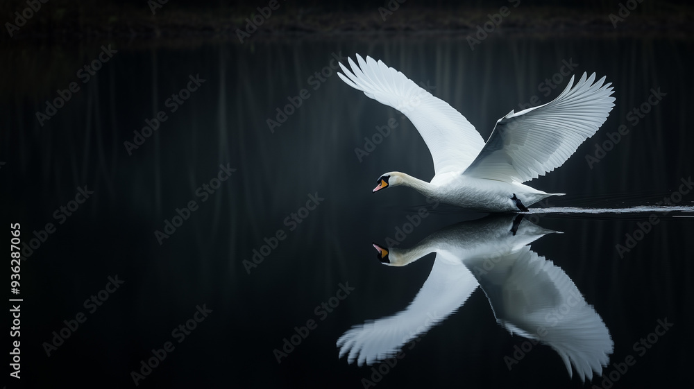 Obraz premium A majestic white swan gliding gracefully across the calm water, its reflection mirrored perfectly. Ai generated