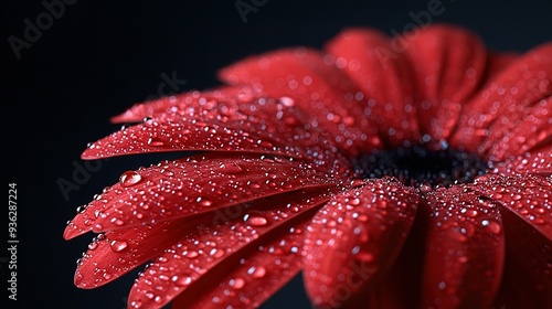   Close-up of a red flower with drops of water on petals against black background